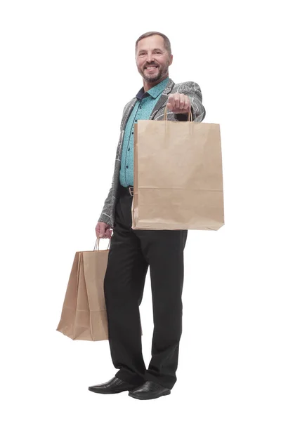 Teljes növekedésben. boldog ember bevásárló táskák. — Stock Fotó