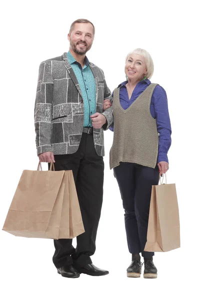 Tam gelişim. Alışveriş çantalı mutlu evli çift.. — Stok fotoğraf