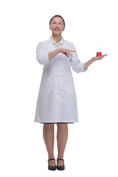 Em pleno crescimento. mulher médica com um frasco de laboratório. — Fotografia de Stock