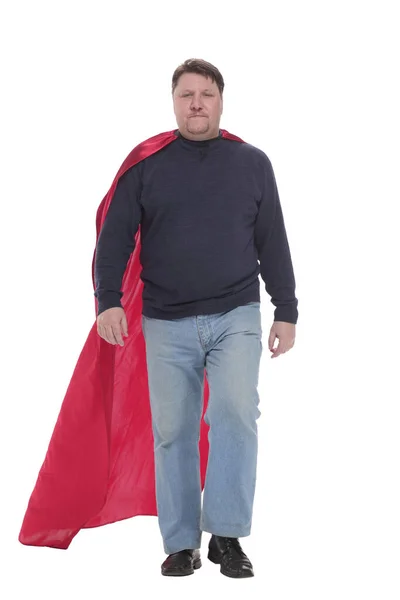 Reifer Mann im Superhelden-Cape isoliert auf weißem Hintergrund. — Stockfoto