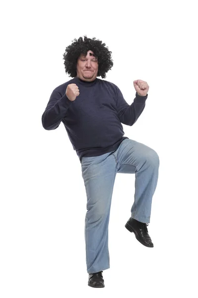 Full-length. cheerful mature man in a wig. — Foto Stock