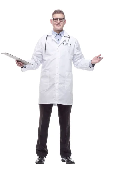 Young doctor with a clipboard. isolated on a white — Fotografia de Stock