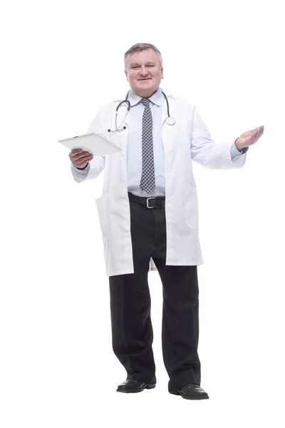 Competent doctor with clipboard. isolated on a white background. Royalty Free Stock Photos