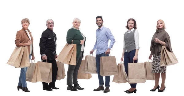 Concept groupe d'acheteurs. collage de personnes avec des sacs à provisions — Photo