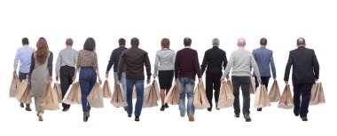 a line of people with shopping bags. back view