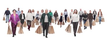 a line of people with shopping bags isolated