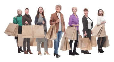 a line of people with shopping bags isolated