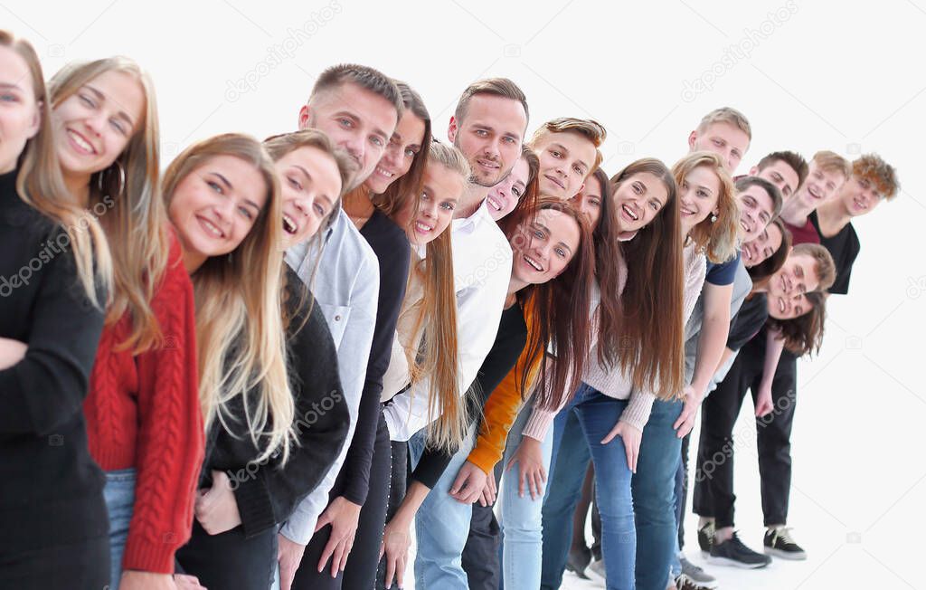 group of cheerful young people standing behind each other
