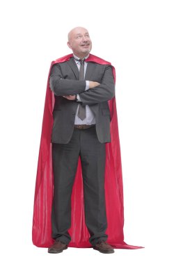 Tam gelişim. Süper kahraman pelerinli kendine güvenen bir iş adamı.