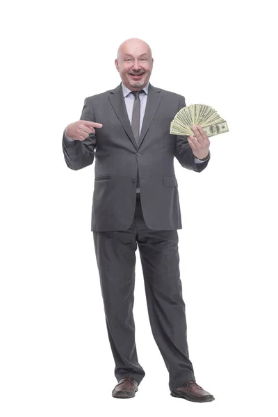 In full growth. smiling business man with dollar bills. — Stock fotografie