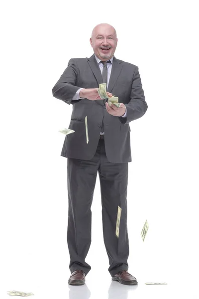 In full growth. smiling business man with dollar bills. — Foto Stock