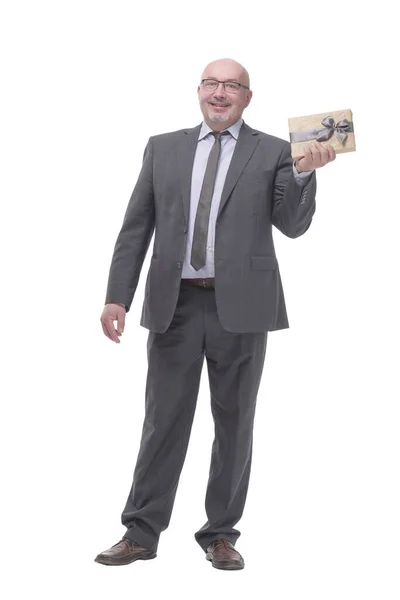 Business man with a gift box.isolated on a white background. — Fotografia de Stock