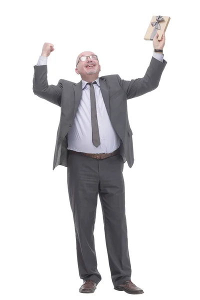 Business man with a gift box.isolated on a white background. — Stok fotoğraf