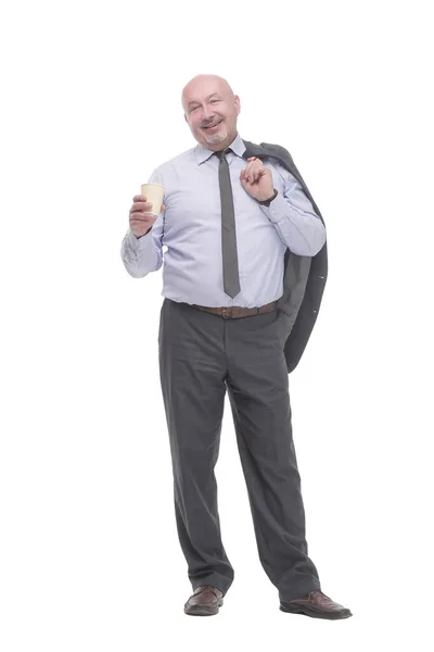 Hombre de negocios con un café para llevar y una chaqueta sobre su hombro. —  Fotos de Stock