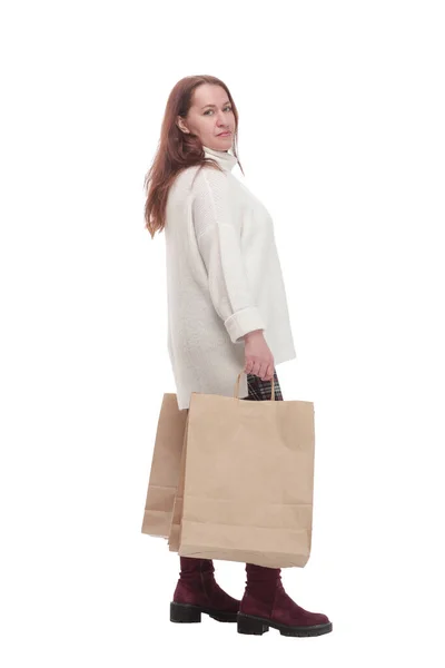 Casual woman with shopping bags .isolated on a white background. — Stock Photo, Image