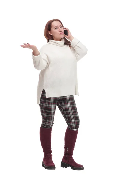 Attractive casual woman with a smartphone .isolated on a white background. — 스톡 사진