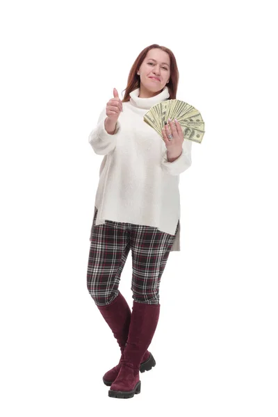 Casual happy woman with banknotes .isolated on a white background. — Stok fotoğraf