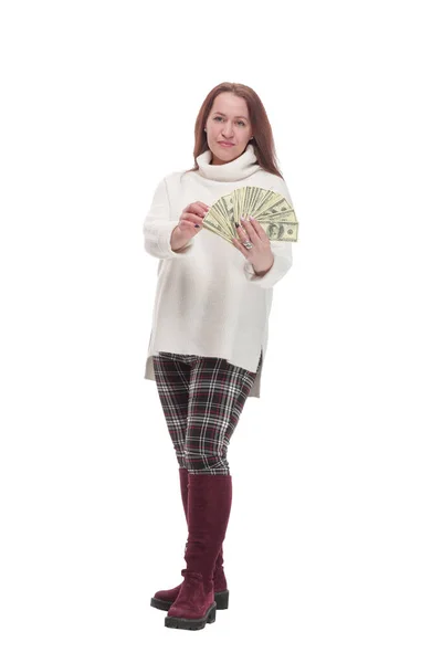 Casual happy woman with banknotes .isolated on a white background. —  Fotos de Stock