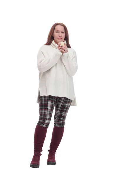 Casual attractive woman with takeaway coffee.isolated on a white background. — Φωτογραφία Αρχείου