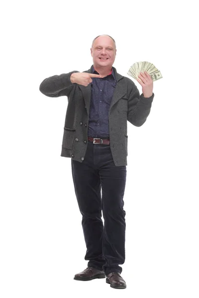 Ευτυχής casual άνθρωπος με χαρτονομίσματα δολαρίου .απομονώνονται σε λευκό φόντο. — Φωτογραφία Αρχείου