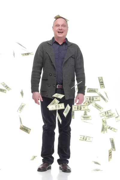Happy casual man with dollar bills .isolated on a white background. — Stockfoto