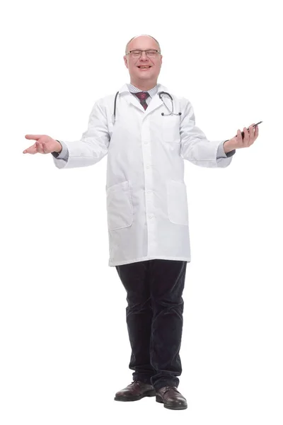 Modern mature doctor with smartphone. isolated on a white background. — 图库照片