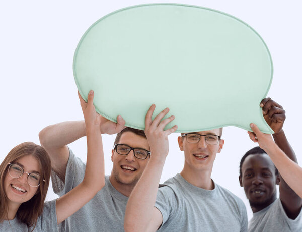casual groups of young people with a speech bubble.