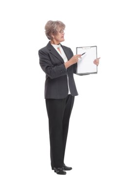 Pano ve parmak uçlarıyla iş kadınının ön görüntüsü