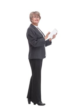 Smiling business woman with tablet computer. Isolated over white background