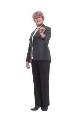 Happy mature woman with key on white background