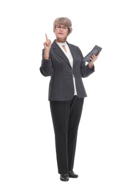 The elderly woman pointed at the calculator