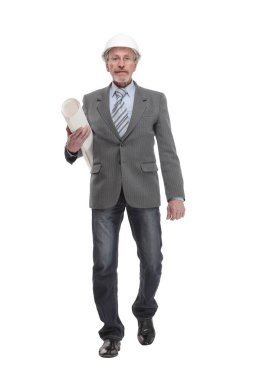 Başarılı bir mimarın portresi, başlık ve taslak takıyor.