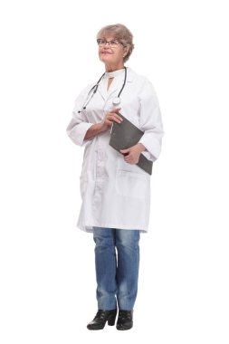 Front view of nice female doctor holding clipboard smiling