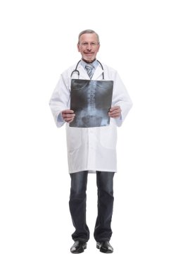 Senior doctor with stethoscope walking on white background