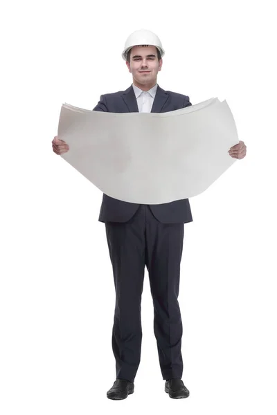 Front view of young architect man in hardhat holding blueprints walking away — Foto Stock