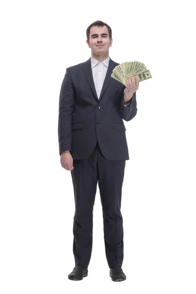 Business man in glasses and formalwear is readin a document while standing against a white background — Stockfoto