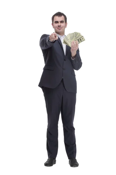 Glimlachende zakenman in bril met dollargeld dat duimen laat zien — Stockfoto