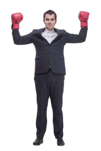 Side view portrait of curious and smiling businessman with tablet looking and pointing to side — ストック写真