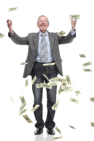 Happy old man in suit and falling dollar banknotes — Stock Photo, Image