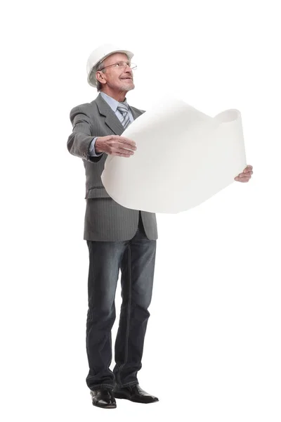 Hombre de negocios serio en blanco hardhat plano y mirando a la cámara —  Fotos de Stock