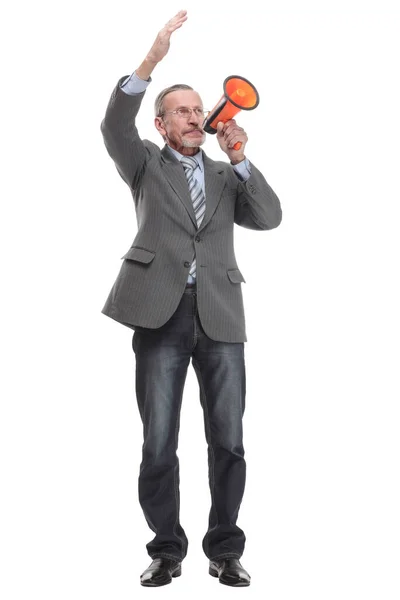 Front view of a mature businessman speaking with megaphone — Fotografia de Stock