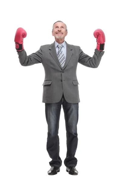 Uomo d'affari anziano che indossa un completo grigio con guanti da boxe in una posa di vittoria — Foto Stock