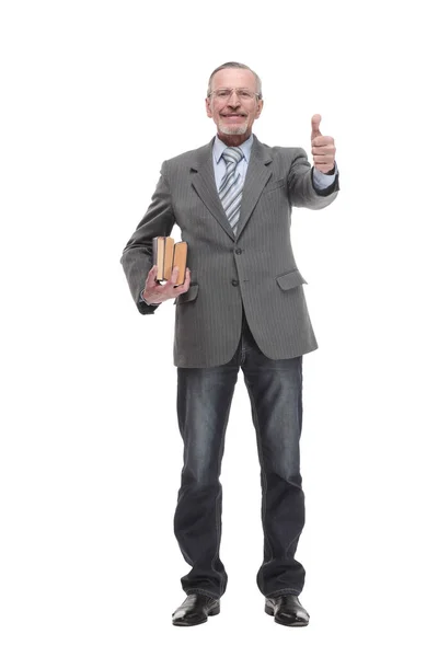 Handsome senior teacher man with books over isolated background happy with big smile doing ok sign — Stock fotografie