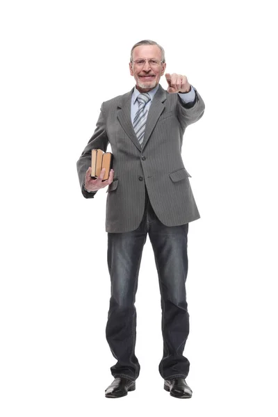 Handsome senior teacher man with books over isolated background happy with big smile doing ok sign — Foto Stock