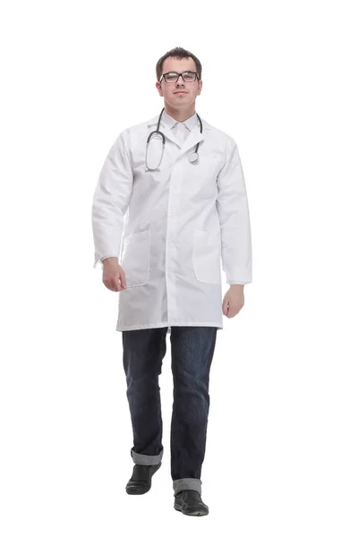 Medical doctor man with stethoscope point finger up, concept of advertisement product, empty copy space — Φωτογραφία Αρχείου