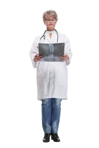 Back view of doctor in clean uniform walking on white background — Foto Stock