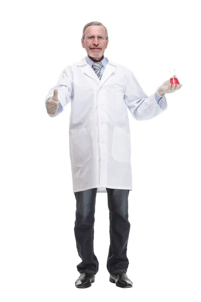 Mature scientist with grey hair and beard in white coat standing — Fotografia de Stock