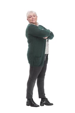 Stüdyoda kesişen güzel gülümseyen beyaz iş kadını portresi.