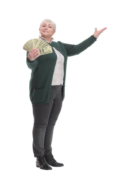中年女性保持ドル銀行券上の隔離された白い背景非常に幸せと興奮,受賞式を祝う勝利 — ストック写真