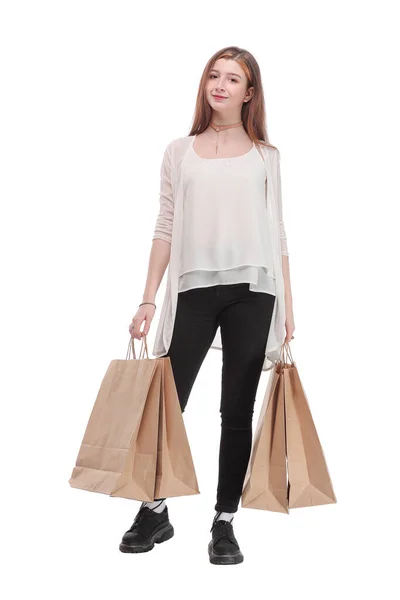 Zakupy młoda kobieta szczęśliwy uśmiechnięty gospodarstwa torby na zakupy — Zdjęcie stockowe